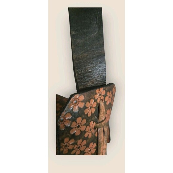 Leather Hand Tooled Mexican Crossbody Bag Floral Brown Green Cross Stich Tassel - Picture 9 of 11